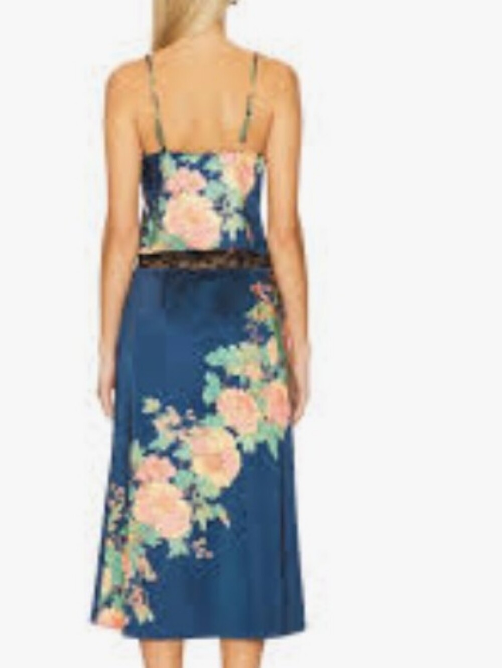 Free People Blue Floral Satin Midi Skirt Set with Black Lace Trim - Picture 2 of 8